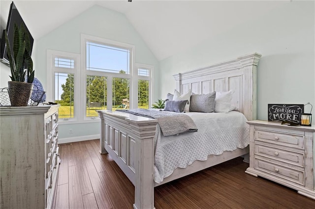 bedroom with high vaulted ceiling and dark hardwood / wood-style floors