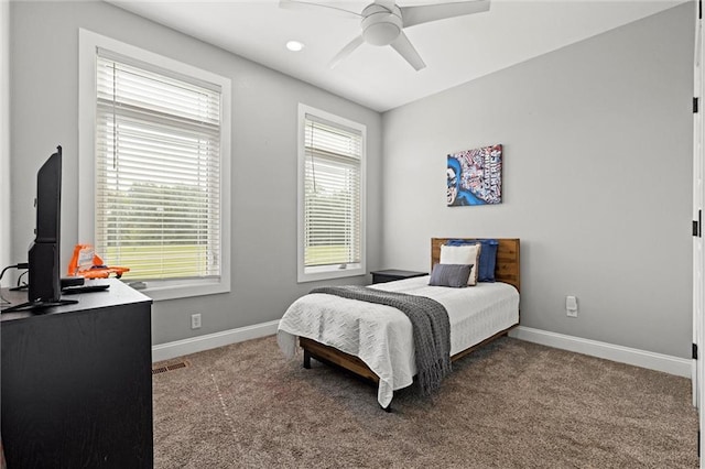 bedroom with carpet floors and ceiling fan