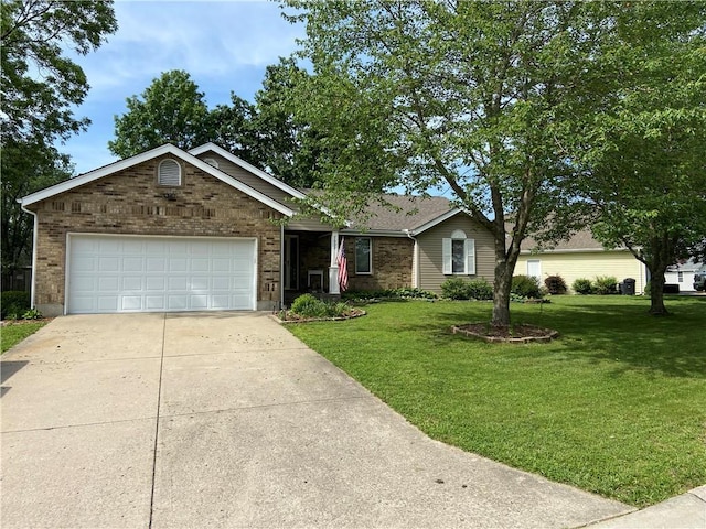 single story home featuring a garage, concrete driveway, brick siding, and a front yard