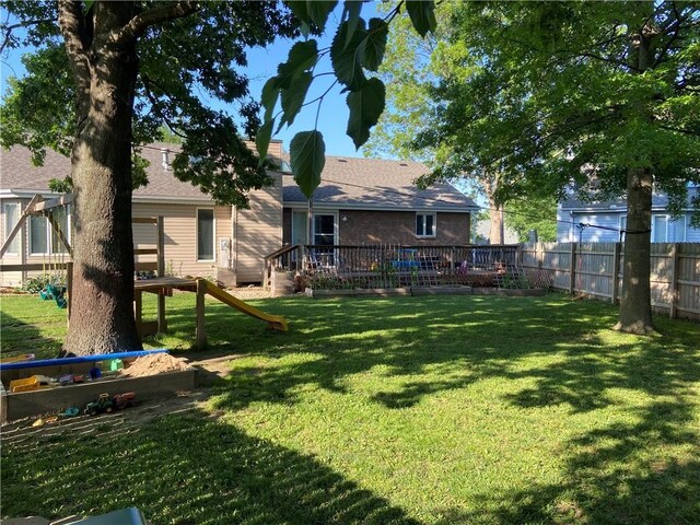 view of yard featuring a fenced backyard and a deck