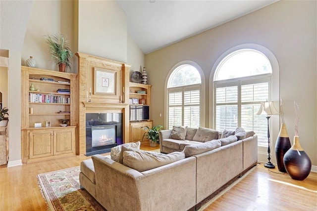 living room with high vaulted ceiling and light hardwood / wood-style floors