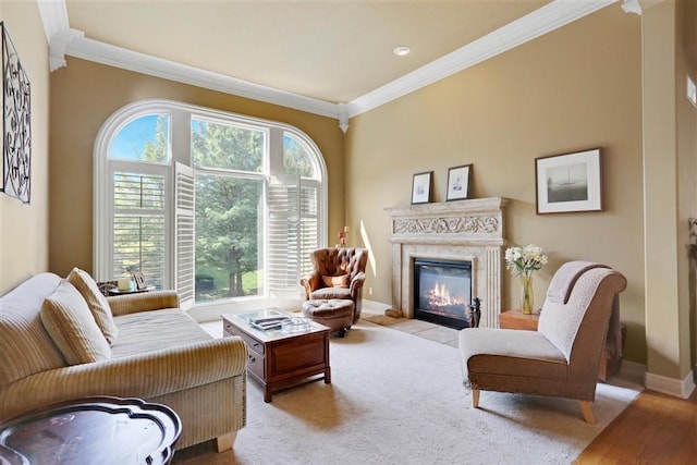 living room featuring crown molding and a high end fireplace