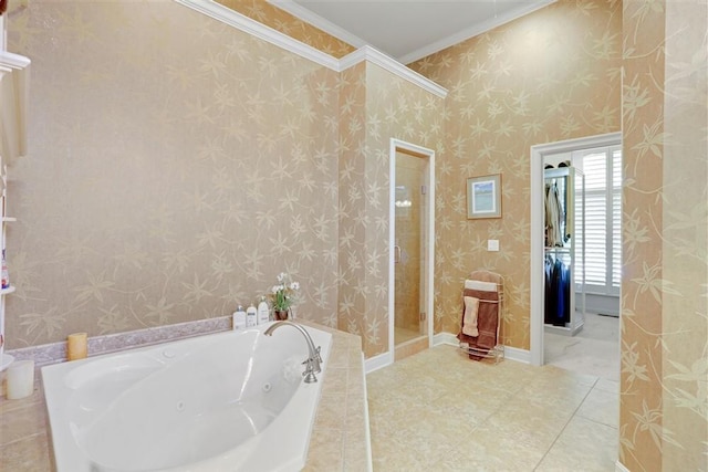 bathroom with separate shower and tub and tile patterned flooring