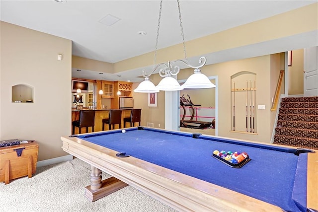 game room with indoor bar, carpet floors, and pool table