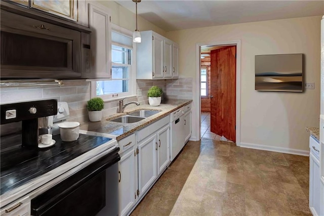 kitchen with tasteful backsplash, sink, white cabinetry, electric stove, and light tile patterned flooring