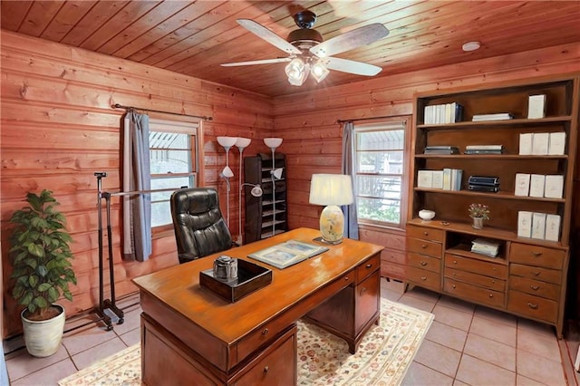 office space with ceiling fan, light tile patterned floors, wooden walls, and wooden ceiling