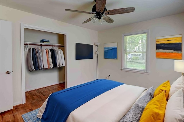 bedroom featuring ceiling fan, dark hardwood / wood-style floors, and a closet