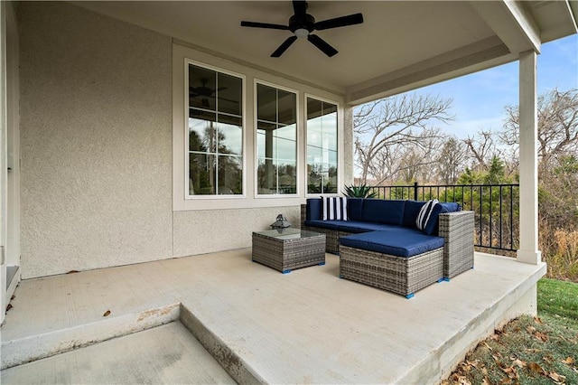 view of patio featuring ceiling fan and an outdoor hangout area