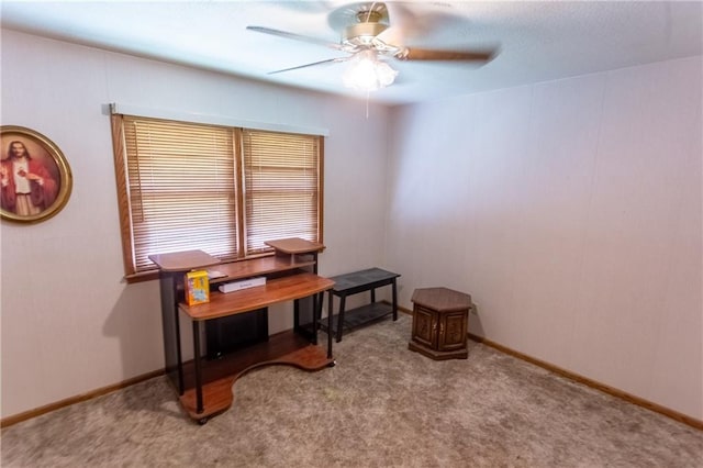 misc room with ceiling fan and light carpet