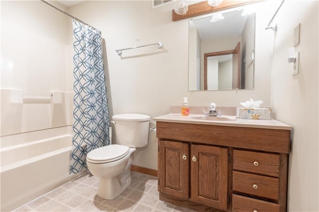 full bathroom with vanity, shower / bath combo with shower curtain, and toilet