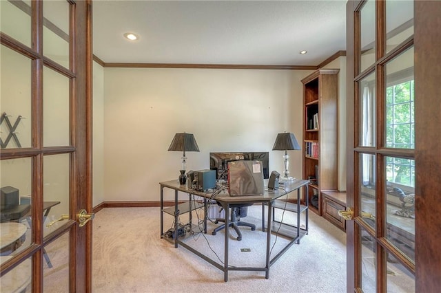 carpeted office with ornamental molding