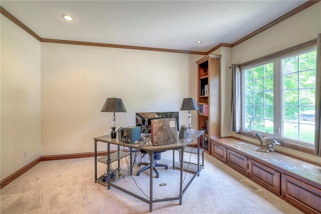 carpeted office space with crown molding