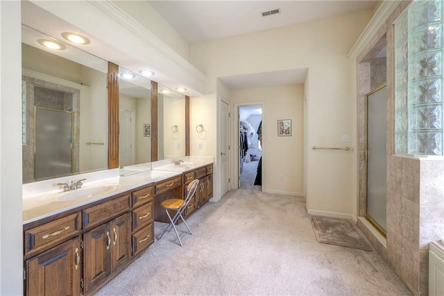 bathroom featuring a shower with door and vanity