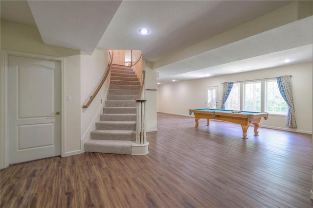 recreation room with billiards and hardwood / wood-style floors