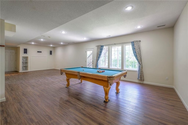 rec room featuring dark hardwood / wood-style floors, a textured ceiling, and billiards