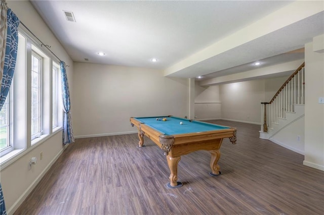 playroom with pool table and dark hardwood / wood-style flooring