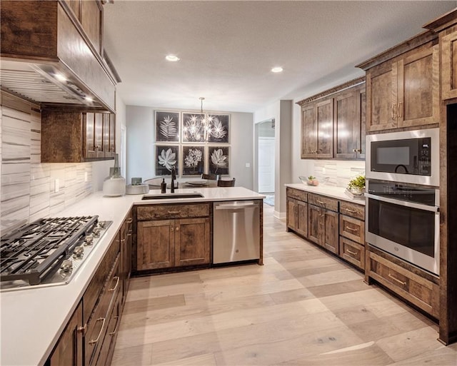 kitchen with light hardwood / wood-style flooring, backsplash, appliances with stainless steel finishes, decorative light fixtures, and sink