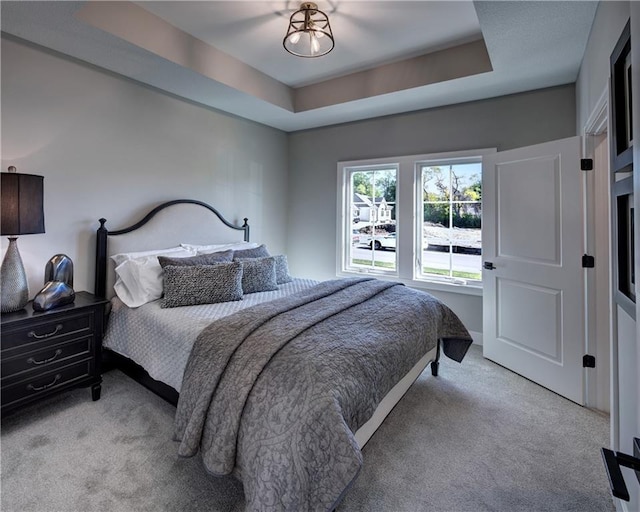 bedroom with light carpet and a raised ceiling