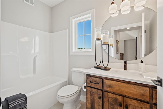 full bathroom with vanity, shower / washtub combination, and toilet