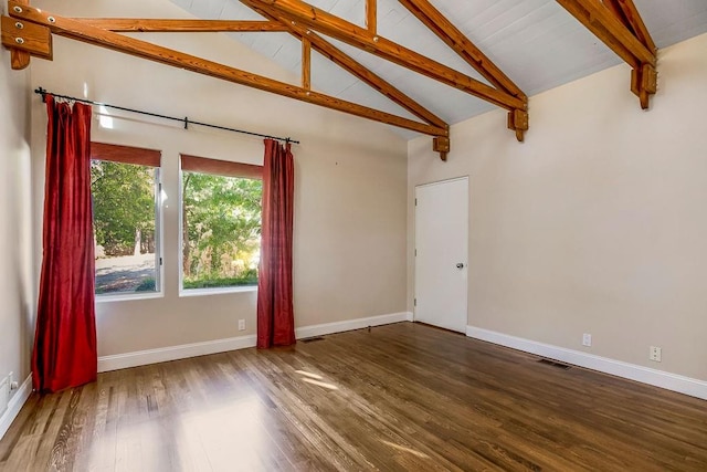 unfurnished living room featuring beamed ceiling, hardwood / wood-style flooring, and high vaulted ceiling