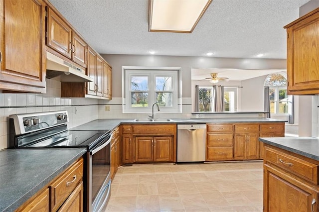 kitchen featuring ceiling fan, a healthy amount of sunlight, sink, and appliances with stainless steel finishes