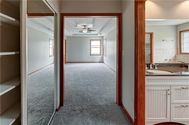 hall featuring a raised ceiling, carpet flooring, and sink