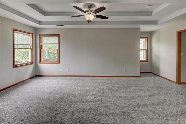 empty room with light colored carpet, a healthy amount of sunlight, and a tray ceiling