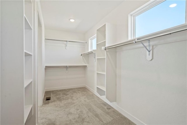 walk in closet with light colored carpet