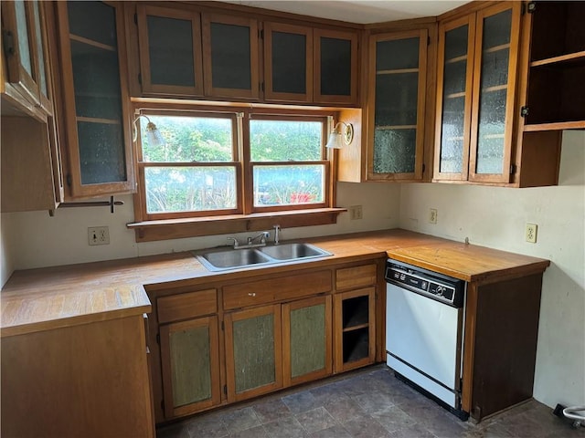 kitchen with stainless steel dishwasher, wood counters, and sink