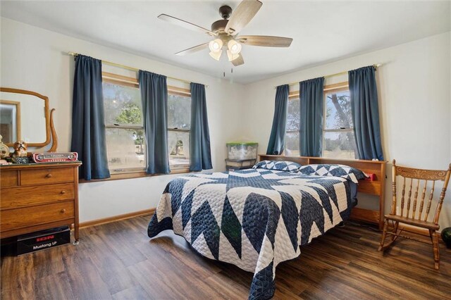 bedroom featuring dark wood-type flooring, multiple windows, and ceiling fan