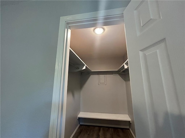 walk in closet with dark wood-type flooring