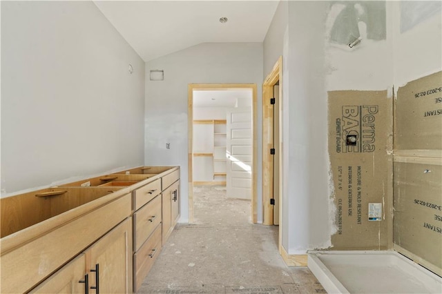 bathroom featuring vaulted ceiling