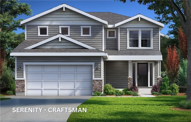 craftsman-style home with a garage and a front lawn