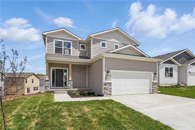 780 Creekmoor Dr, Raymore, MO 64083 - craftsman inspired home with concrete driveway, a front yard, a porch, and stone siding