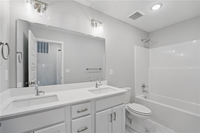 780 Creekmoor Dr, Raymore, MO 64083 - bathroom featuring toilet, marble look tile flooring, shower / tub combination, and double vanity
