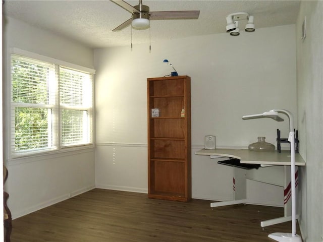 unfurnished office featuring ceiling fan and dark hardwood / wood-style floors