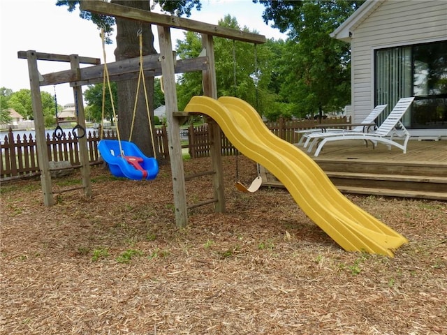 view of play area featuring a wooden deck