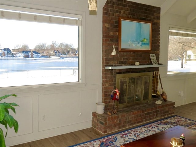 living room with a fireplace and wood-type flooring