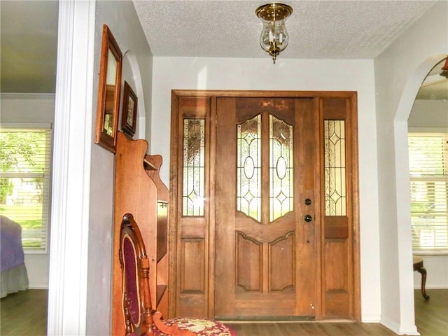 1005 Johnston Dr, Raymore, MO 64083 - entrance foyer featuring arched walkways, wood finished floors, a textured ceiling, and baseboards