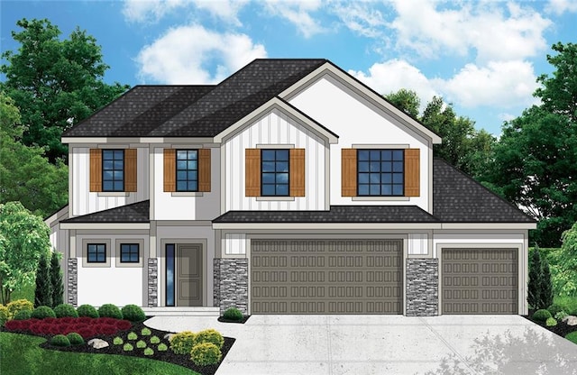 view of front facade with driveway, stone siding, roof with shingles, an attached garage, and board and batten siding