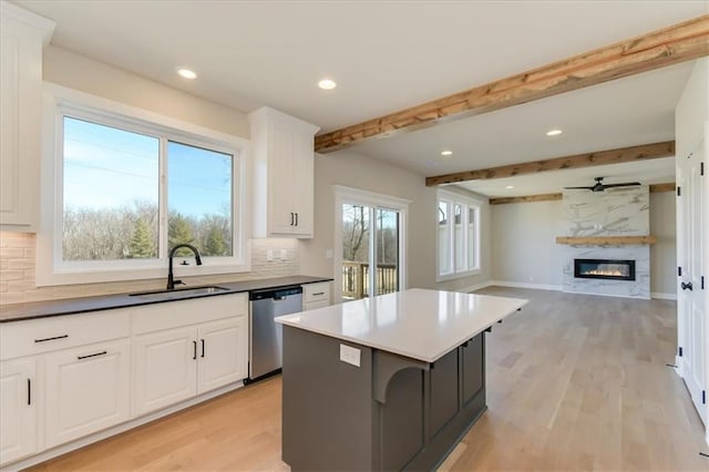 kitchen with light wood-type flooring, a fireplace, a sink, and stainless steel dishwasher