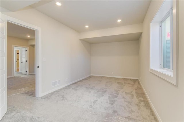 bonus room with baseboards, visible vents, a healthy amount of sunlight, carpet floors, and recessed lighting