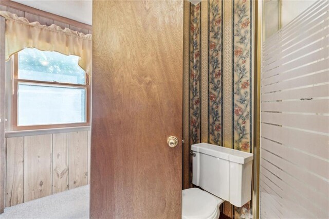 bathroom with toilet and wooden walls