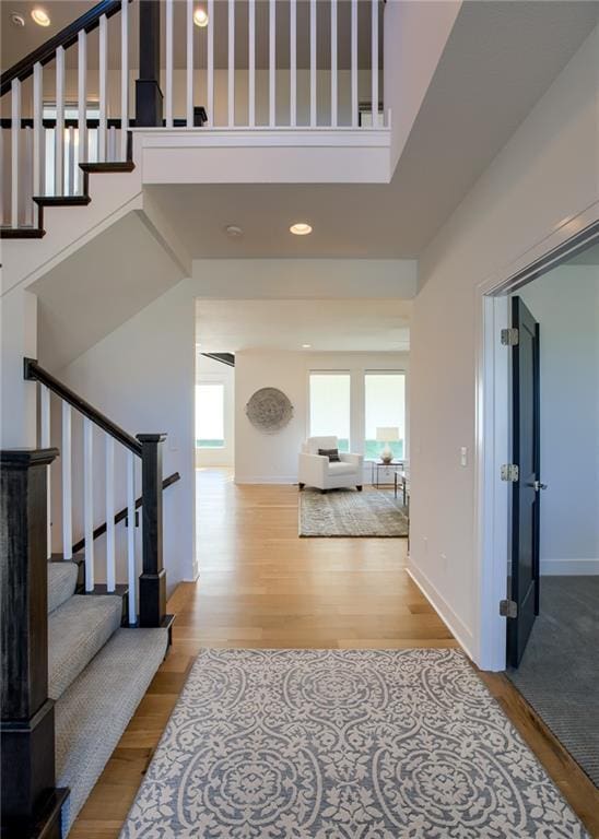 entryway with a towering ceiling and wood-type flooring