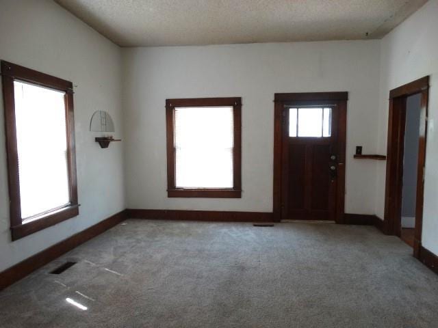 foyer featuring light colored carpet and a textured ceiling