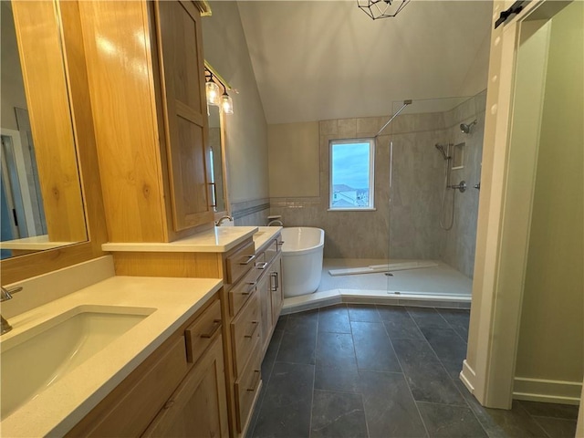 bathroom with vanity, tile patterned floors, lofted ceiling, and plus walk in shower