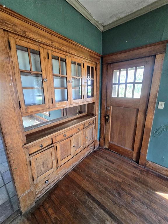 entrance foyer with dark hardwood / wood-style floors and ornamental molding