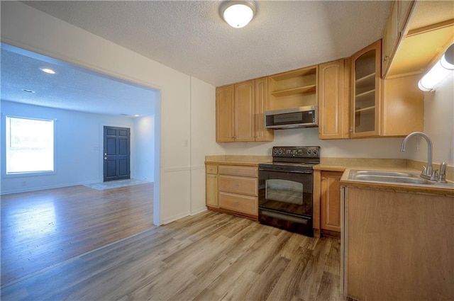 kitchen featuring light brown cabinetry, light hardwood / wood-style flooring, black electric range oven, and sink