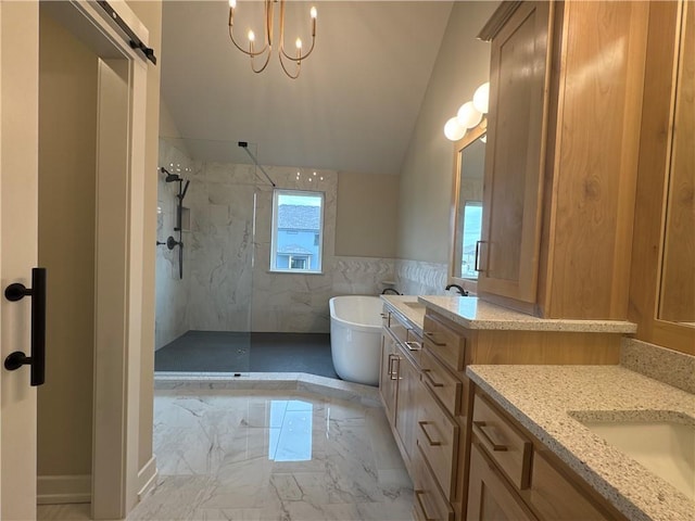 bathroom with vanity, separate shower and tub, and lofted ceiling