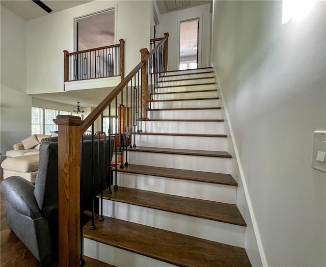 stairway with a high ceiling